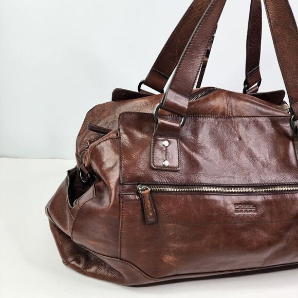 VTG Fossil Brand Brown Genuine leather distressed duffel Transit Carry on Flaw - Picture 4 of 14